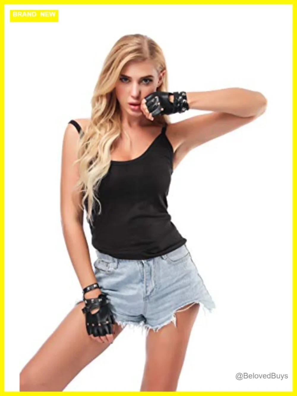 Women PU Leather Punk Half Finger Gloves with Straps and Rivets for Costume